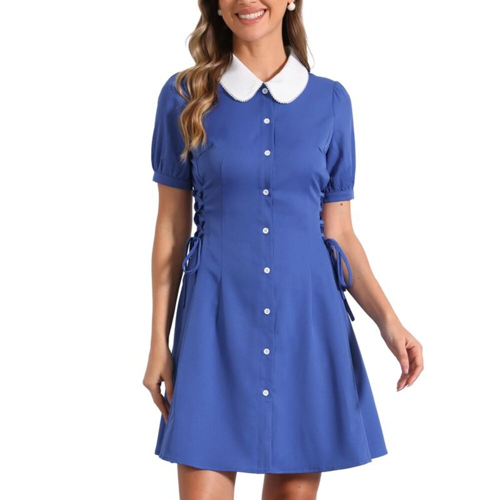 Vintage Peter Pan Collar Lace Up Button Down Dress Dark Blue